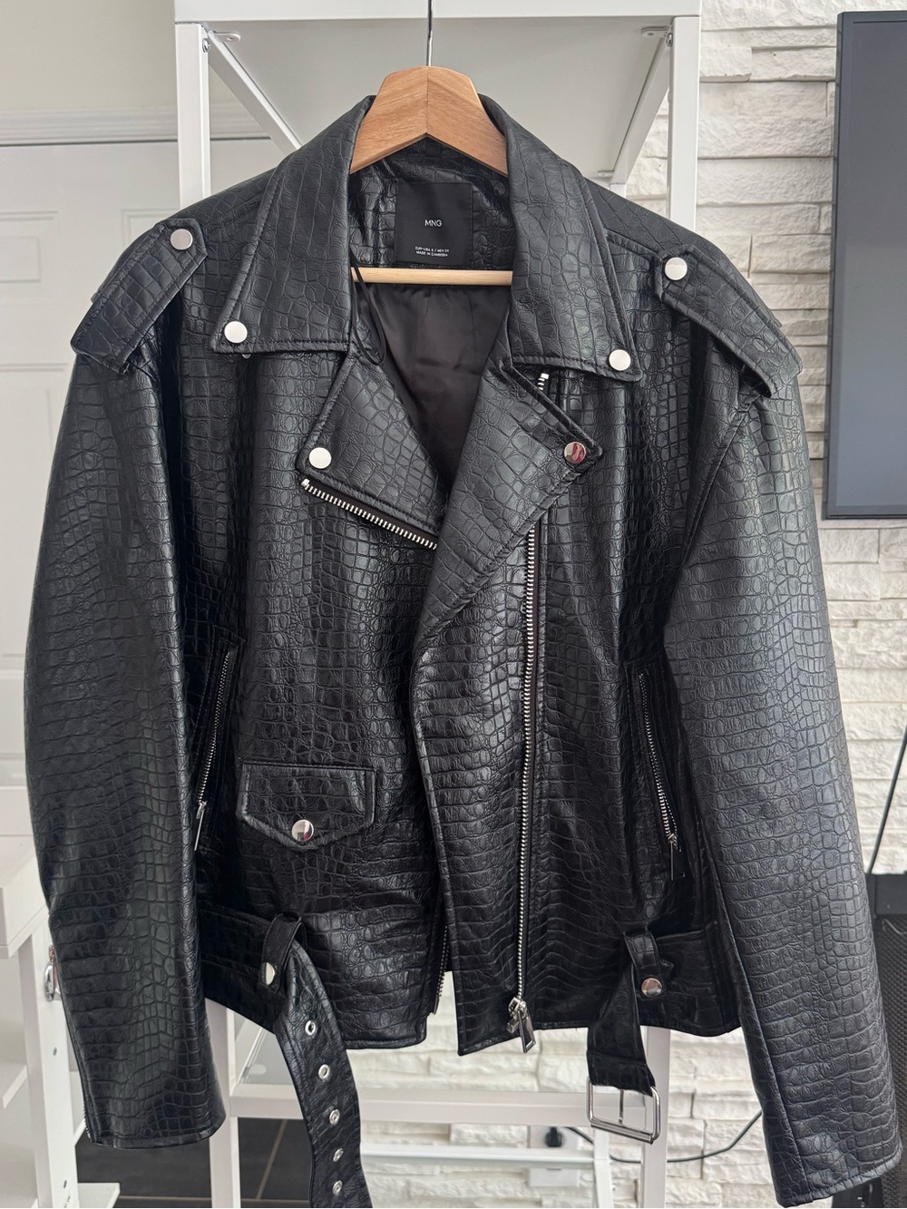 Mango Black Croc-Embossed Faux Leather Jacket